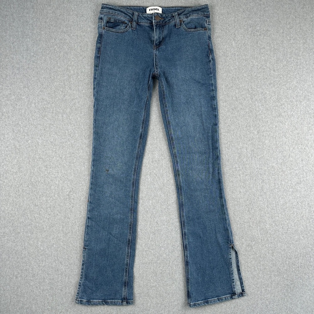 RSQ Jeans Women 25 Blue Denim Split Hem Flare Slim Fit Stretch Slit Dark Wash